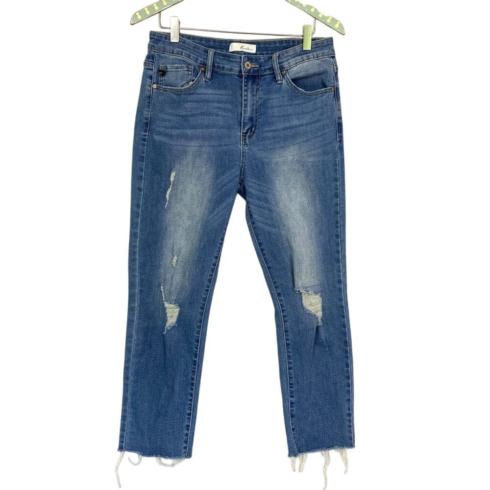 KanCan Crop Jeans 29 Blue Raw Hem Distressed‎ Fray Mid Rise Medium Wash 30x25